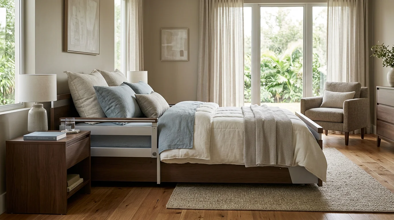 Ultra low hospital bed in a cozy Orlando home bedroom environment showing how the bed blends naturally into residential decor when raised